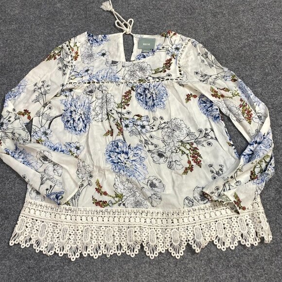 Maeve Top S  White Floral Crochet Hem Peasant Boho - Picture 1 of 9